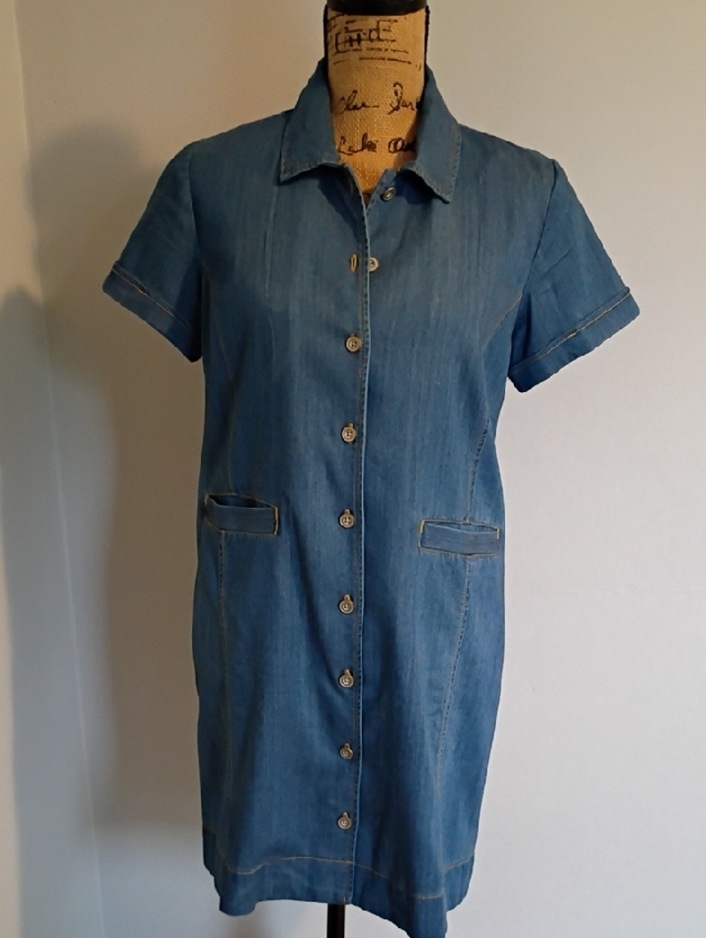 CAbi Short-Sleeve Denim Shirt Dress in Blue with Contrast Stitching